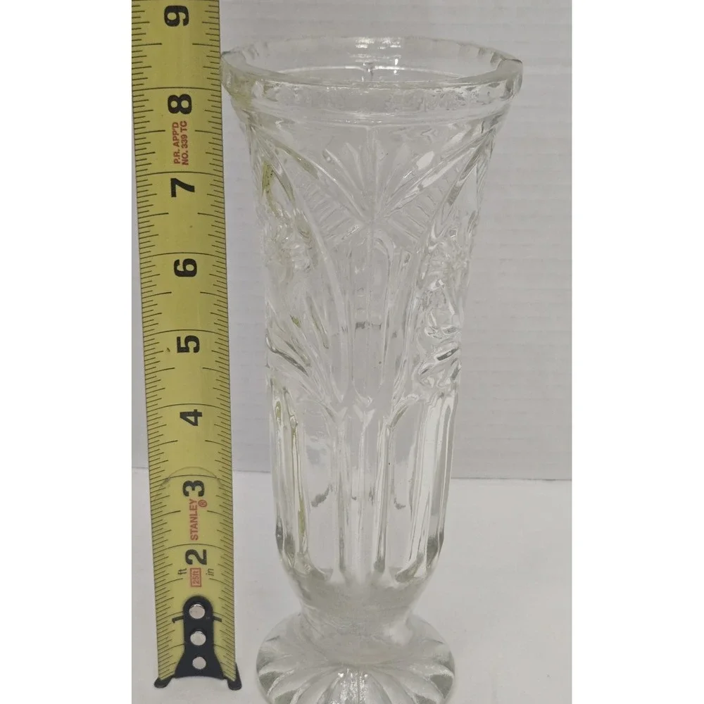 Vtg Clear Pressed Glass Pedestal Vase, Scalloped Fan Diamond Rim Footed Trumpet
